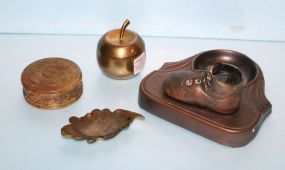 Small Brass Leaf Design Dish, Silver-plate or Brass Apple, Covered Stone Jar, Vintage Copper Baby Shoe & Ashtray