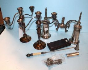 Piece Gorham Sterling, Bright Cut English Spoons in Box, Candle Snuffer, Silver plate Piece to Epergne, Pair Silver plate Three Arm Candlesticks, Dinner Bell & Sterling File