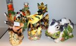 Porcelain Covered Top Rabbit, Three Bird Figurines & Pair Candlesticks