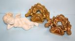 Pair Cupid Plaster Wall Sconces & Ceramic Angel