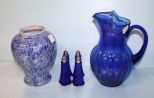 Cobalt Pitcher, Four Shakers & Speckled Ceramic Vase