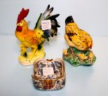 Ceramic Hen, Rooster & Ashtray Set