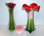 Two Red and Green Art Glass Vases & Ruffled Edge Flower Bowl