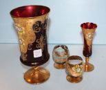 Two Vintage Moser Type Glass Pieces, Two Vases & Two Cups