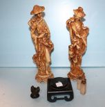 Two Carved Oriental Figurines, Stand, Two Marble Stamps & Brass or Bronze Bird