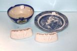 Early Blue Willow Plate, Early Bowl & Two German Bisque Pieces