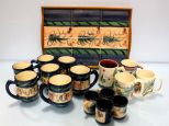Painted Tile Tray, Eleven Gail Pittman Mugs, Four Demi Cups