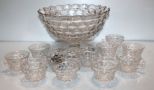 Clear Punch Bowl on Pedestal Base and Eleven Cups