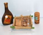 Pair of Rock Flower Plaques, Van Gough Bottle, Cork Cologne Bottle & Basket