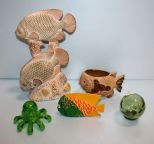 Small Painted Fish Bowl, Fish and Coral Pottery, Hand painted Fish, Plastic Octopus & Glass Ball