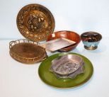 Wooden Bowl, Three Tin Trays, Tin Bowl, Two Metal Plates & Metal Candleholder