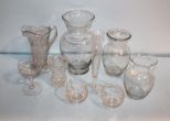Three Clear Vases, Etched Bud Vase, Pressed Glass Pitcher, Small Vase, Etched Stem & Two Etched Creamers