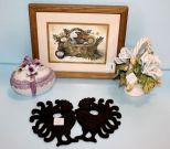 Two Wilton Cast Iron Roosters, Small Bubble Bath Picture, Capodimonte Flower Basket & Covered Egg Dish