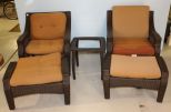 Two Brown Wicker Chairs, Two Stools & Side Table