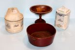 Rice Decanter, Ceramic Salt Container & Small Wood Bowls