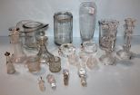Group Lot of Glass Candlesticks, Vases, Stoppers & Spooner