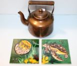 Copper Tea Pot & Two Tiles
