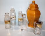 Five Glass Canisters & Ceramic Jar