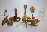 Brass Cat, Candlestick & Wall Candlestick