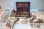 Set of Silver plate Flatware in Box, Various Silver plate Pieces in Trays, Knives & Fish Basket