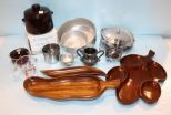 Group of Aluminum and Wood Trays & Ceramic Pot