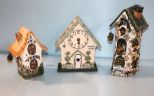 Two Ceramic Bird Houses & Wood Bird House/Clock