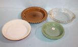 Three Fire King Green Bowls, Two Pyrex Pie Pans, Two Clear Pie Pans & Brown Pie Pan