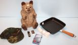 Bear Statue, Wild Turkey Camo Cap, Two Lighters, Lancome Golf Balls, Screwdrivers & Frying Pan