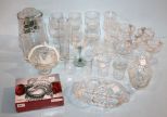 Group of Various Size Glasses, Apple Shaped Glass Dish, Glass Dishes, Cookie Jar, and Glasses