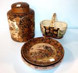 Oriental Design Ginger Jar, Basket, Three Plates
