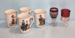 Four Norman Rockwell Mugs & Two Cranberry Sherry Glasses