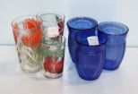 Three Blue Juice Glasses & Three Red Flower Juice Glasses