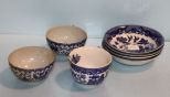Four Blue Willow Berry Bowls & Three Blue Willow Cups