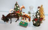 Gold Tree, Horse Teapot, Deer, Redbird Christmas Tree, Bottle, Napkin Rings & Nativity