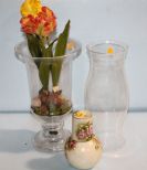 Glass Vase with Flowers & Hand painted Bottle with Lid