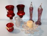 Pair of Red Candleholders, Prism Candleholder, Red Candleholder with Lid, Two Pink Lamps & Vase