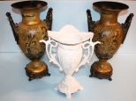 Pair Hand painted Metal Vases & Painted White Metal Vase