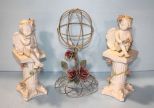 Two Cherubs on Pedestals & Wire Globe