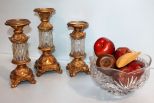Three Various Candlesticks & Bowl with Wood Fruit