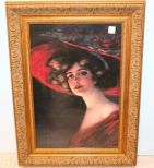 Woman in Red Hat Print in Carved Gold Frame