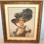 Victorian Woman with Flowered Hat Print in Carved Frame
