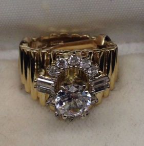 One Stamped 14KT yellow Gold Lady's Combination Cast & Die Struck Diamond and Diamond Simulant Ring