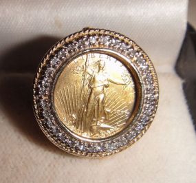 One 22KT and 10KT Yellow Gold Gents Combination Cast & Die Struck Gold Coin and Diamond Ring
