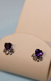 Pair 14K Amethyst, White Gold Heart Earrings