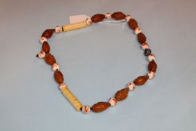 Chinese Porcelain Carved Wood and Bone Necklace with Cloisonn Clasp