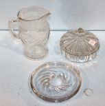 Glass Pitcher, Covered Candy Dish, Two Plates