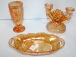 Merigold Iris/Herrin Bone Candlestick, Glass Relish Dish