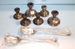 Three Pair Sterling Weighted Candlesticks (Some Damage), Silverplate Salad Set