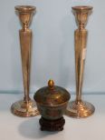 Pair of Sterling Candlesticks and Cloisonne Vase