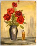 Oil Painting of Flowers in Vase with Figurine